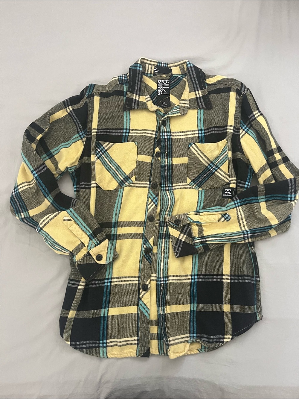 Billabong Boys Yellow Plaid Button-Down Shirt with Blue Accents